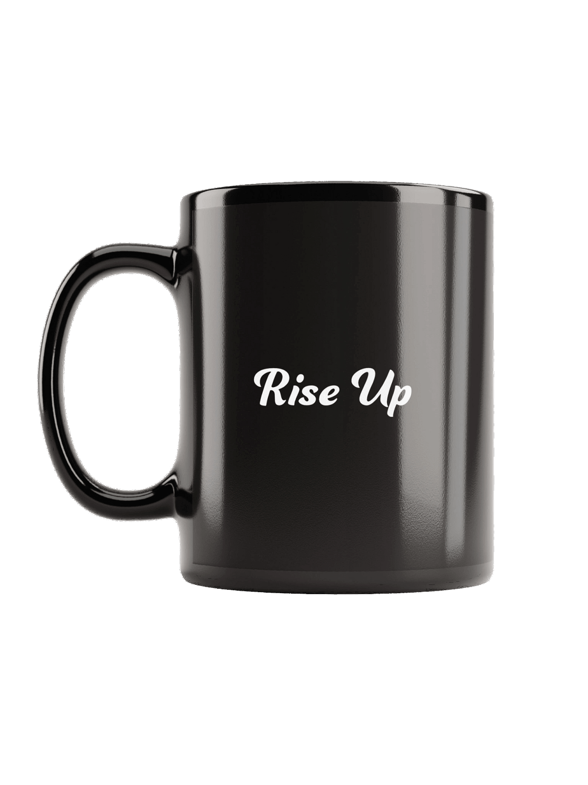 Black glossy mug with the Rise Up wordmark in white