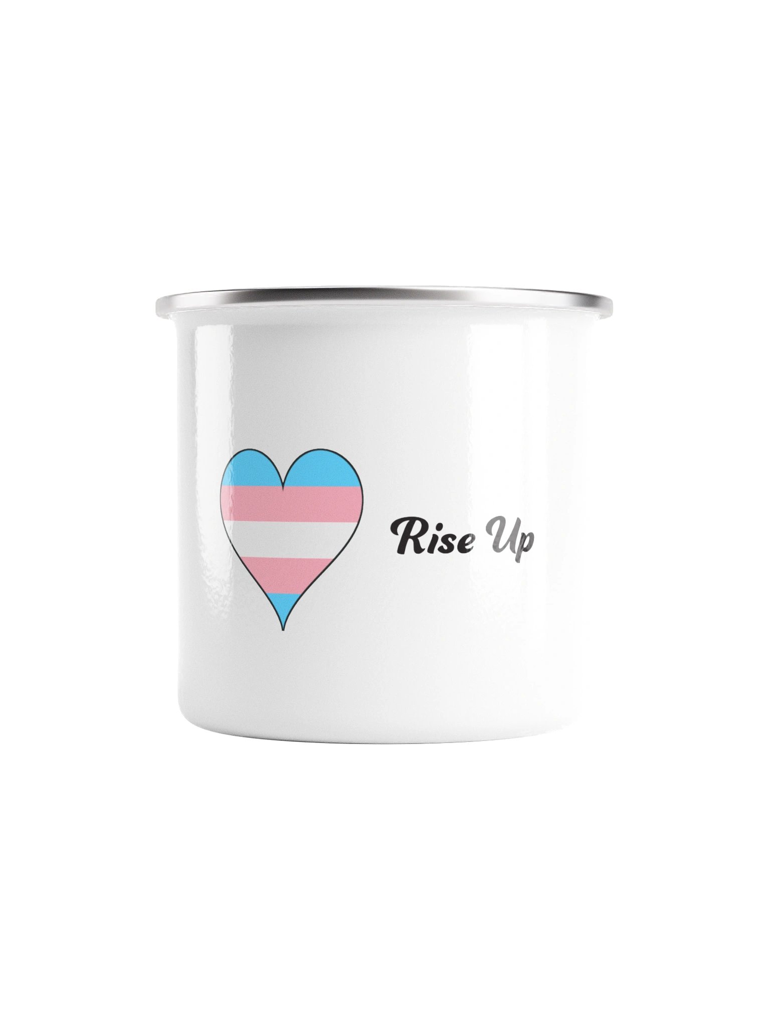 White enamel mug with a transgender Pride heart and Rise Up wordmark