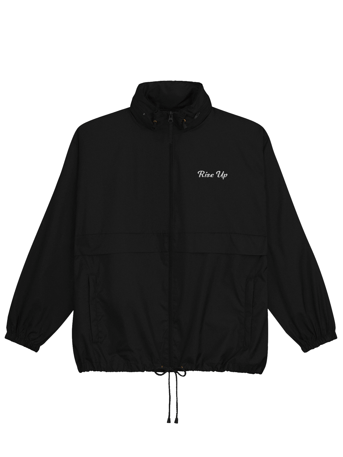Black Rise Up Windbreaker with a small embroidered Rise Up wordmark on the chest